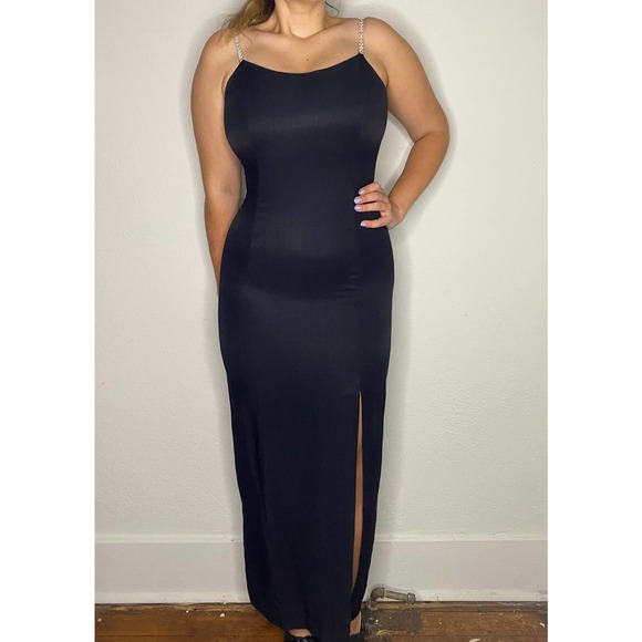 Gunnie Sax Black Tight Midi Dress with Front Leg Slit & Rhinestone Straps 9/10 - Picture 15 of 16